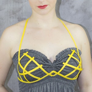 Bra in yellow color criss cross crinoline grid with ribbon end for fantasy fancy party unique woman size image 1