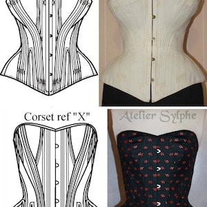 May include: Two corset patterns, one labeled "Corset ref "X"" and the other "Corset ref "Xo"".  The patterns are shown next to photos of actual corsets, one white and one black with red polka dots.