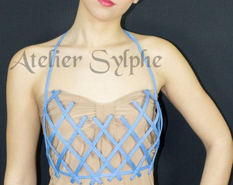 Blue color criss cross crinoline breastplate bra bustier grid cage with ribbon end for fantasy party unique woman size