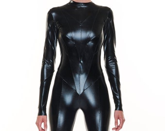 Schwarzer Catsuit Jumpsuit Cat Woman Ganzanzug Trikot Body Kostüm Langarm Lycra Stoff mit Reißverschluss am Rücken