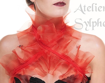 Red fantasy ruffle neck collar with delicate soft horsehair style back lacing closure on ribbon neck band