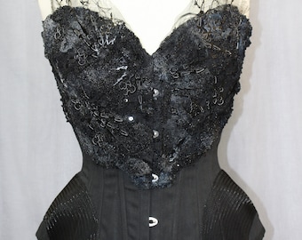 Corset 23 inches waist size fantasy black painted lace with clockhands design boned overbust