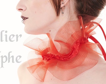 Red fantasy ruffle neck collar with delicate soft horsehair style back lacing closure on ribbon neck band