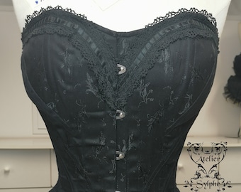 20.5 inches waist size Edwardien black tulip cotton coutil and lace overbust boned cinched