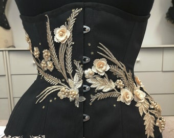 Corset 22 inches waist size fantasy black coutil with floral ivory design boned underbust