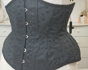 Handmade Coutil Underbust Corset, Black Tulip Pattern (29 inch)