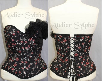 25 inches waist size edwardian black floral cotton coutil overbust boned cinched overbust corset