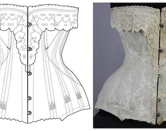 Pode incluir: Um corpete branco com uma borda de renda e uma série de botões na frente. O corpete é feito de um tecido delicado e tem uma silhueta ajustada.