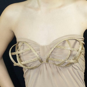 Bra in gold lame color criss cross crinoline grid with ribbon end for fantasy party unique woman size
