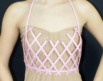 Pink color criss cross crinoline breastplate bra bustier grid cage with ribbon end for fantasy party unique woman size