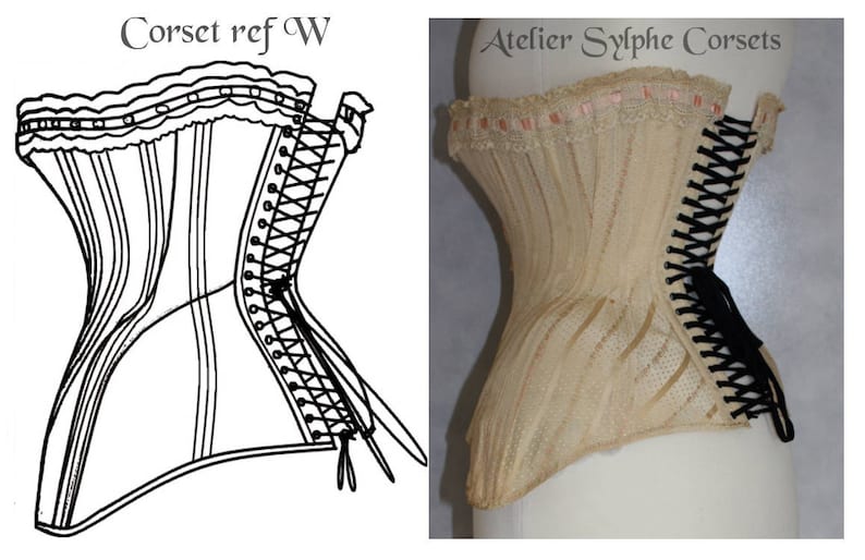 May include: A black and white line drawing of a corset with a black lace-up back. The drawing is labeled "Corset ref W". On the right side of the image is a beige corset with black lace-up back. The corset is on a white mannequin. The text "Atelier Sylphe Corsets" is at the top of the image.