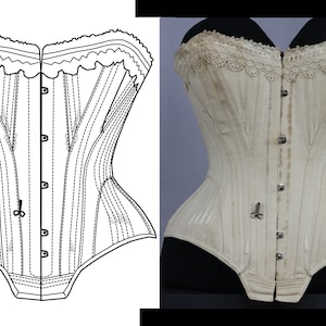 May include: A white cotton corset with a lace trim and a front closure with metal hooks and eyes. The corset has a boned structure and is designed to cinch the waist.