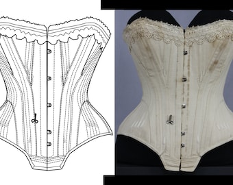 Pode incluir: Um corpete de algodão branco com uma guarnição de renda e um fecho frontal com ganchos e ilhós de metal. O corpete tem uma estrutura de baleias e é projetado para apertar a cintura.