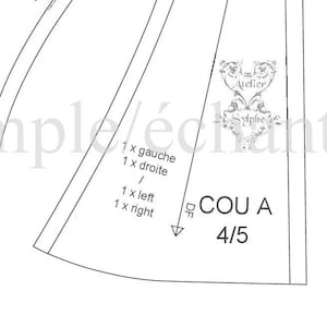 May include: A black and white sewing pattern with the text "Sample/&eacute;chantillon" and "Atelier Symplic" in a heart-shaped logo. The pattern includes instructions for cutting fabric and the text "COU A 4/5" and "5/5".