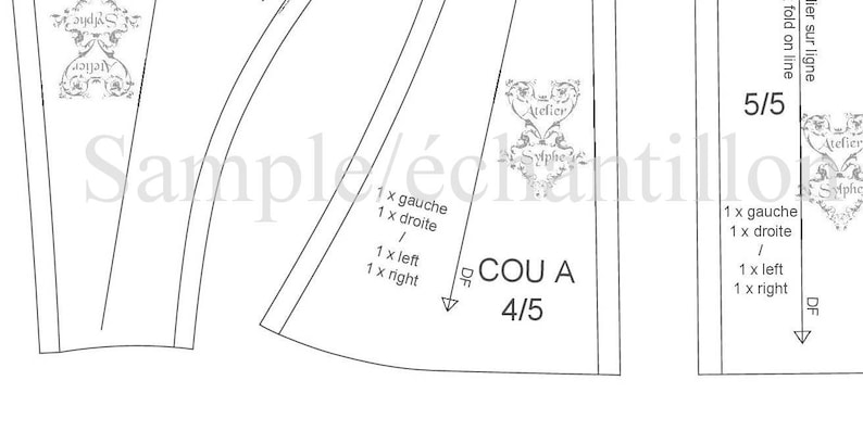 May include: A black and white sewing pattern with the text "Sample/&eacute;chantillon" and "Atelier Symplic" in a heart-shaped logo. The pattern includes instructions for cutting fabric and the text "COU A 4/5" and "5/5".