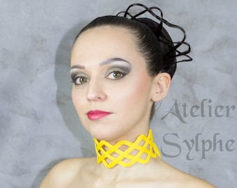 Collar fantasy boned strap criss cross crinoline grid neck necktie in yellow color