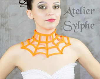 Fantasy collar boned strap criss cross crinoline neck grid necktie in orange fluo Halloween color zip closure