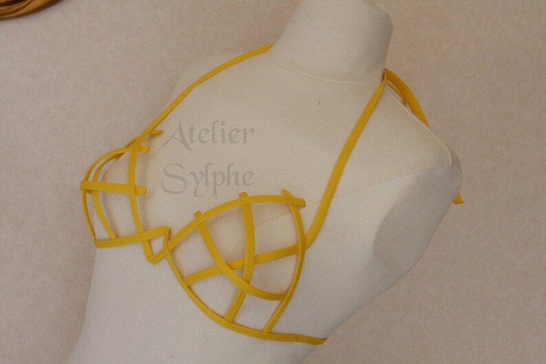 Bra in yellow color criss cross crinoline grid with ribbon end for fantasy fancy party unique woman size image 7