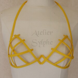 Bra in yellow color criss cross crinoline grid with ribbon end for fantasy fancy party unique woman size image 4