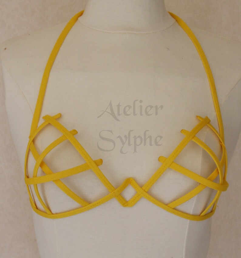 Bra in yellow color criss cross crinoline grid with ribbon end for fantasy fancy party unique woman size image 4