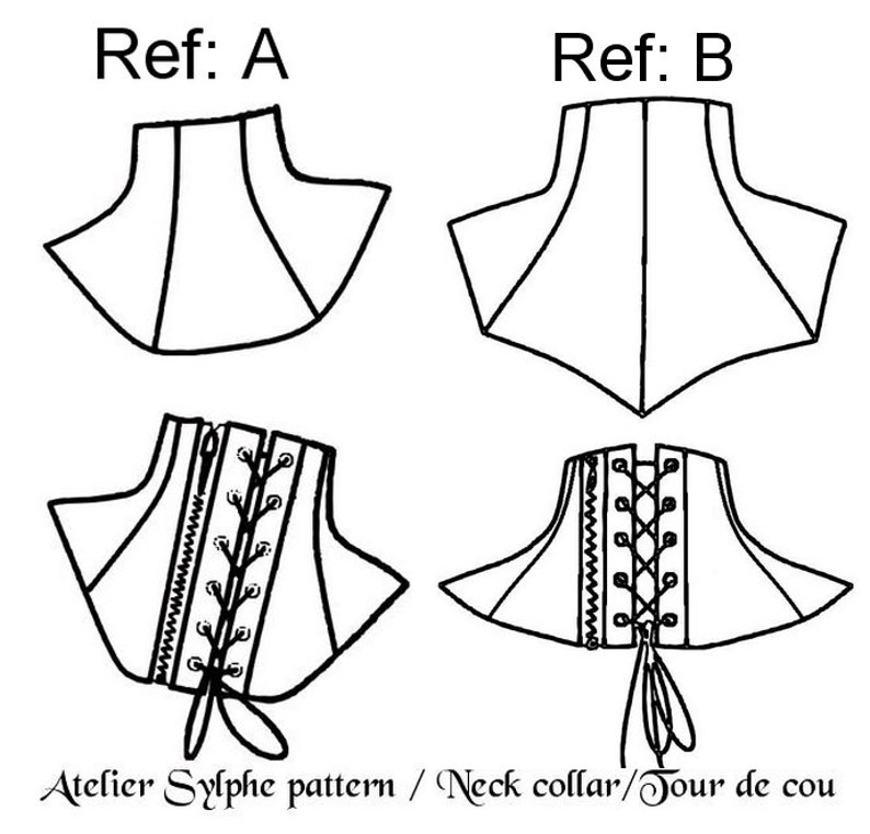 May include: Line drawing of four different neck collar patterns labeled Ref: A and Ref: B. The patterns are for a neck collar with a lace-up front and a zipper closure.