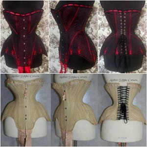 May include: Three different corsets, one black with red stitching, one beige with black stitching, and one beige with black lacing. All three corsets are on mannequins and have a similar shape.