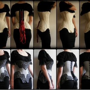 May include: A collection of eight images showcasing different styles of corsets. The corsets are made of white and black fabric with lace detailing. Some corsets have red ribbon lacing. The corsets are worn by a person with a black top and a black skirt.