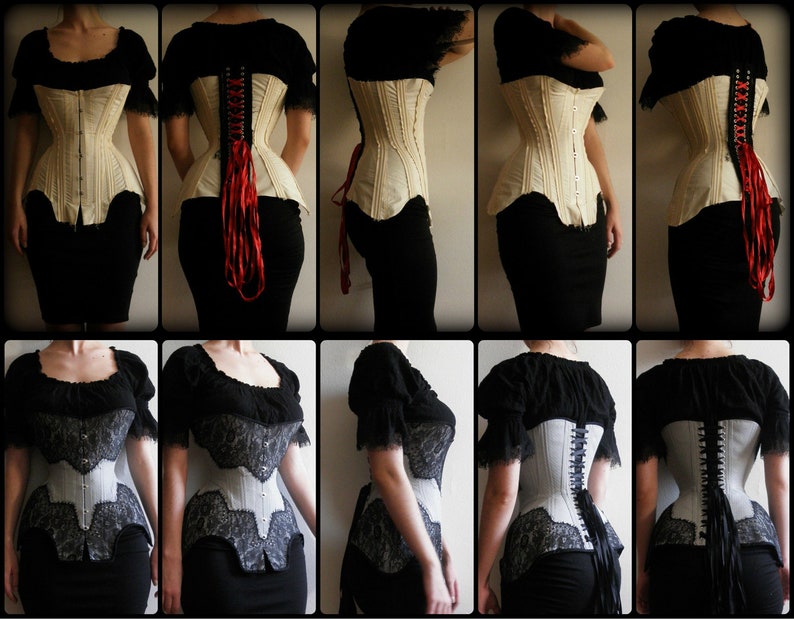 May include: A collection of eight images showcasing different styles of corsets. The corsets are made of white and black fabric with lace detailing. Some corsets have red ribbon lacing. The corsets are worn by a person with a black top and a black skirt.