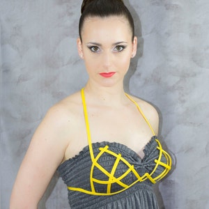Bra in yellow color criss cross crinoline grid with ribbon end for fantasy fancy party unique woman size image 3