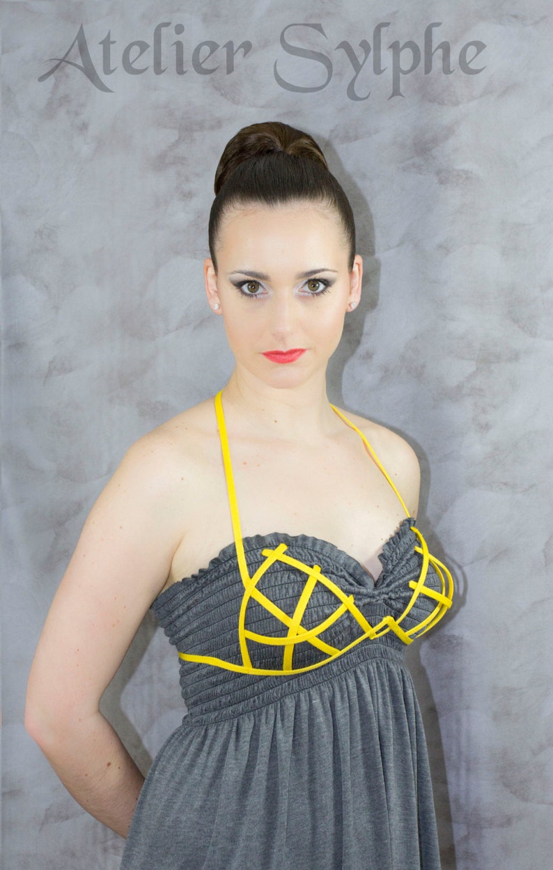 Bra in yellow color criss cross crinoline grid with ribbon end for fantasy fancy party unique woman size image 3