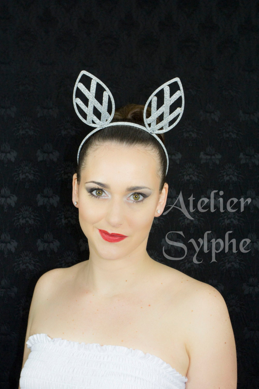 Fancy ear Head band in silver grey lame color criss cross ear crinoline grid for fantasy party unique woman size