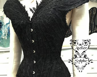 Corset 25 inches waist size fantasy black lace with feather fabric look design boned overbust