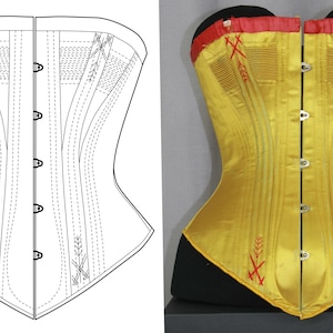 May include: A yellow corset with red stitching and a decorative design. The corset has a pointed bottom and is made of a smooth fabric.