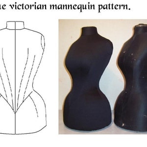 Könnte beinhalten: Eine Schwarzweiß-Zeichnung eines Korsett-Musters aus der viktorianischen Zeit, neben zwei schwarzen Stoff-Mannequins, die die Form des Musters haben.