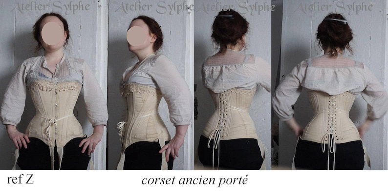 May include: A white cotton corset with a lace trim and a back lacing system. The corset is worn by a person and is shown from the front and back. The text "ref Z" and "corset ancien port&eacute;" is visible in the image.
