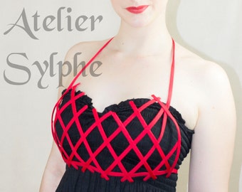 Red color criss cross crinoline breastplate bra bustier grid cage with ribbon end for fantasy party unique woman size