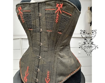 Mid bust Corset 26 inches waist size with fantasy dark dragonfly pattern and orange details