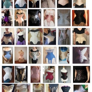 May include: A collection of various styles of corsets in different colors and fabrics. The corsets are displayed on mannequins and people. Some corsets have lace, others have floral patterns, and some are plain.