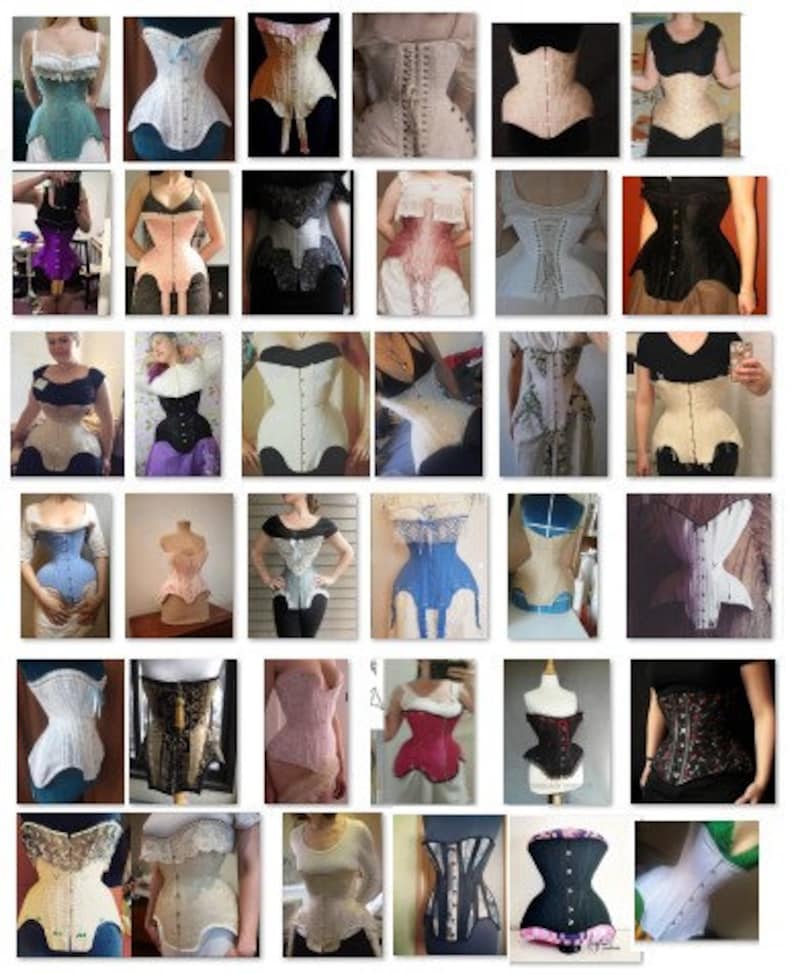 May include: A collection of various styles of corsets in different colors and fabrics. The corsets are displayed on mannequins and people. Some corsets have lace, others have floral patterns, and some are plain.
