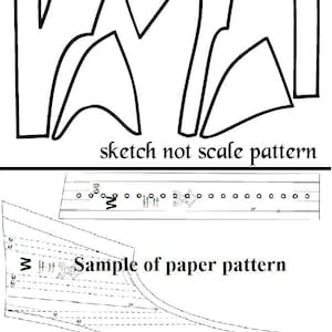 May include: A black and white line drawing of a corset pattern. The drawing is labeled "sketch not scale pattern". Below the drawing is a sample of a paper pattern with markings and measurements.