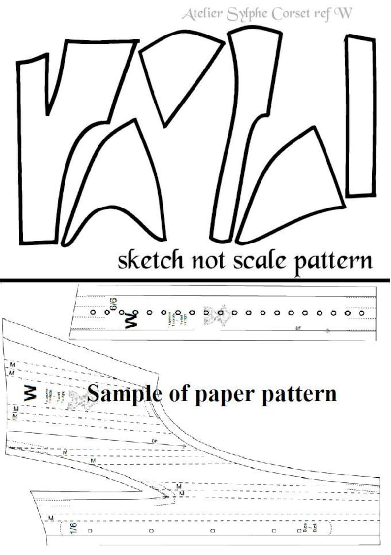 May include: A black and white line drawing of a corset pattern. The drawing is labeled "sketch not scale pattern". Below the drawing is a sample of a paper pattern with markings and measurements.