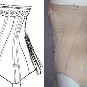 May include: A black and white line drawing of a corset with a lace top, next to a beige corset with lace trim. The corset has a long lacing panel on the right side.
