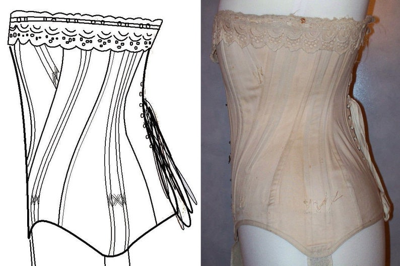 May include: A black and white line drawing of a corset with a lace top, next to a beige corset with lace trim. The corset has a long lacing panel on the right side.