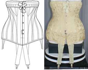 Pode incluir: Um corpete branco com um padrão floral e um laço no topo. O corpete tem uma guarnição de renda e é fechado com ganchos e ilhós. O corpete está sendo exibido em um manequim com um fundo branco.