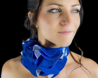 Blue fantasy ruffle neck asymmetric collar with delicate PVC fabric style back closure