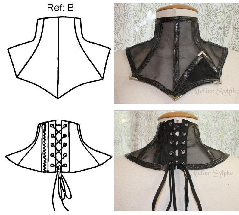 May include: A black mesh and leather choker with a lace-up back. The choker has a geometric design and is accented with silver hardware. The text "Atelier Sylphe" is visible on the choker.
