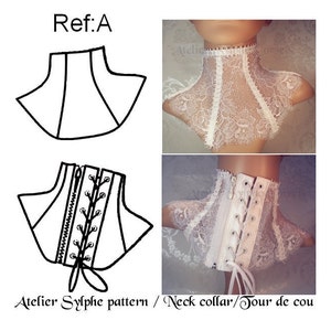 May include: A black and white line drawing of a neck collar pattern with a zipper and lace-up detail. The pattern is shown next to a white lace neck collar with a zipper and lace-up detail.