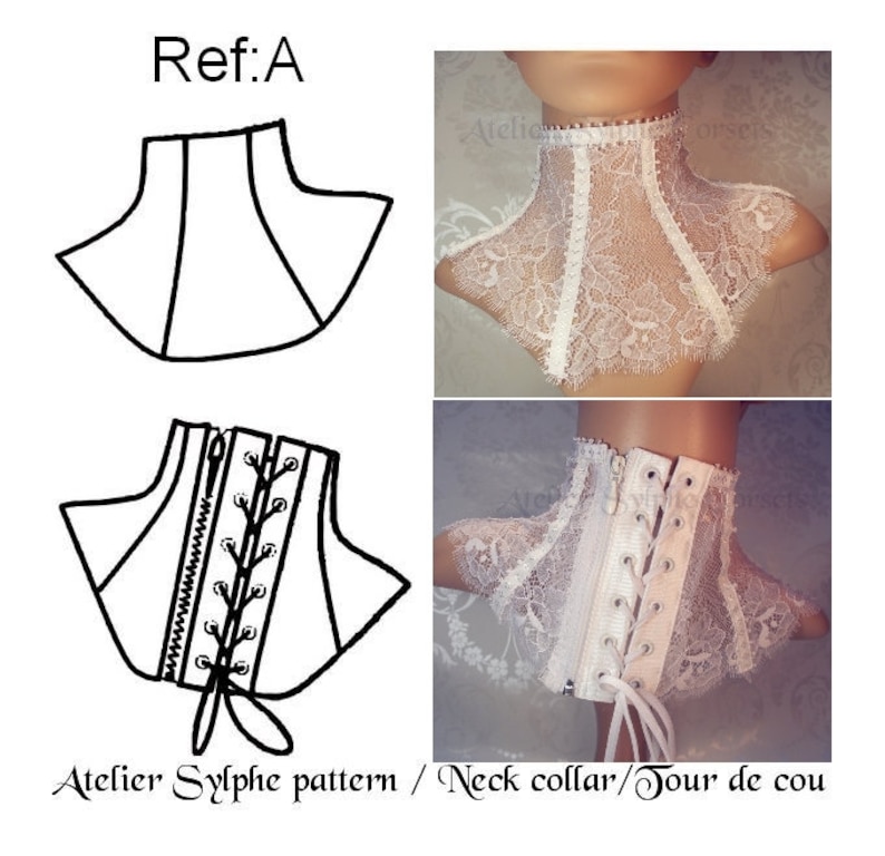 May include: A black and white line drawing of a neck collar pattern with a zipper and lace-up detail. The pattern is shown next to a white lace neck collar with a zipper and lace-up detail.
