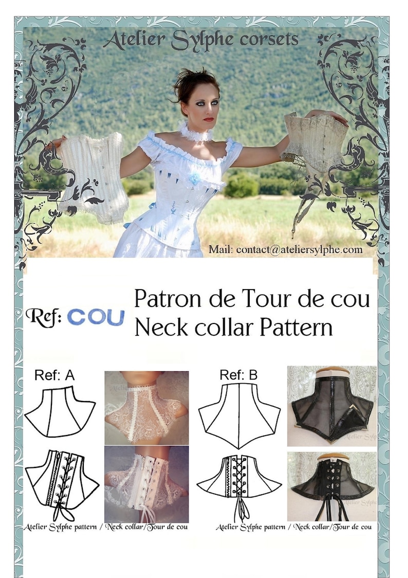 May include: A sewing pattern for a neck collar, also known as a "tour de cou". The pattern is available in two styles, A and B. The pattern is shown with a white lace collar and a black mesh collar.