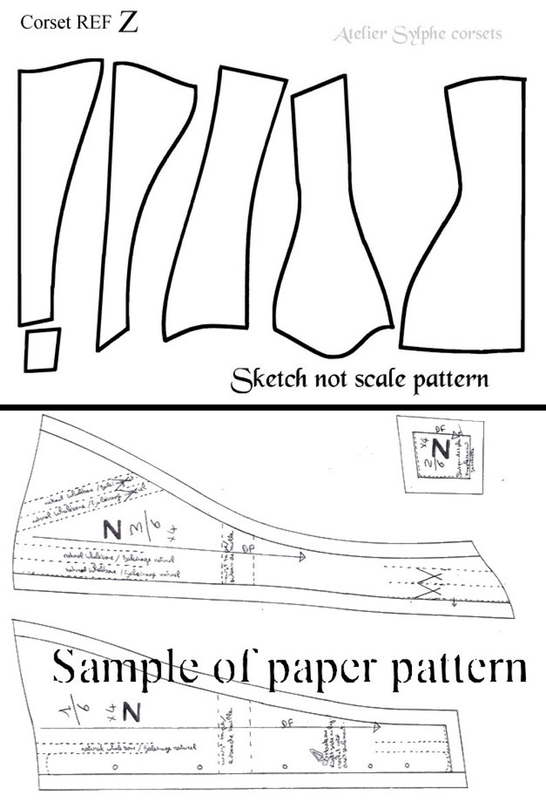 May include: A black and white line drawing of a corset pattern. The drawing is labeled "Corset REF Z" and "Sketch not scale pattern". The image also shows a sample of a paper pattern with markings and measurements.